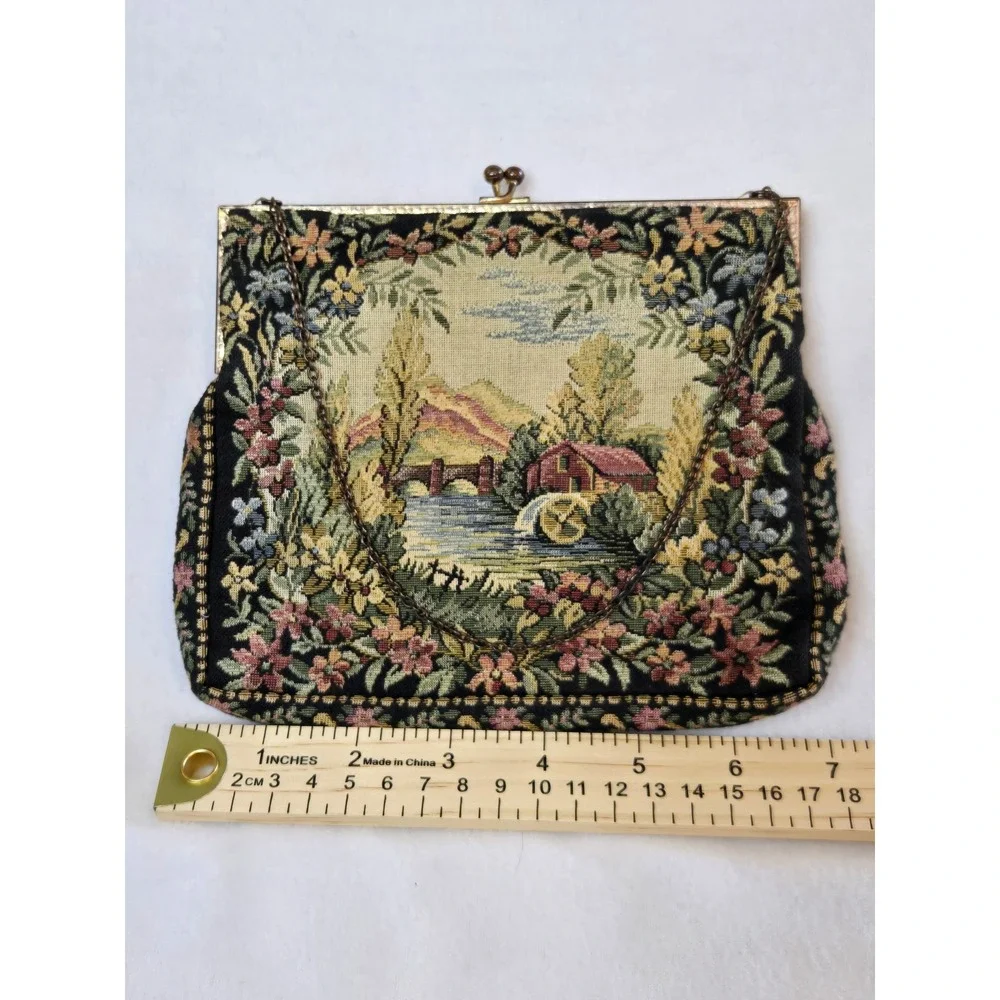 Vintage Made in France Tapestry Floral Landscape Kiss Lock Evening Bag Clutch